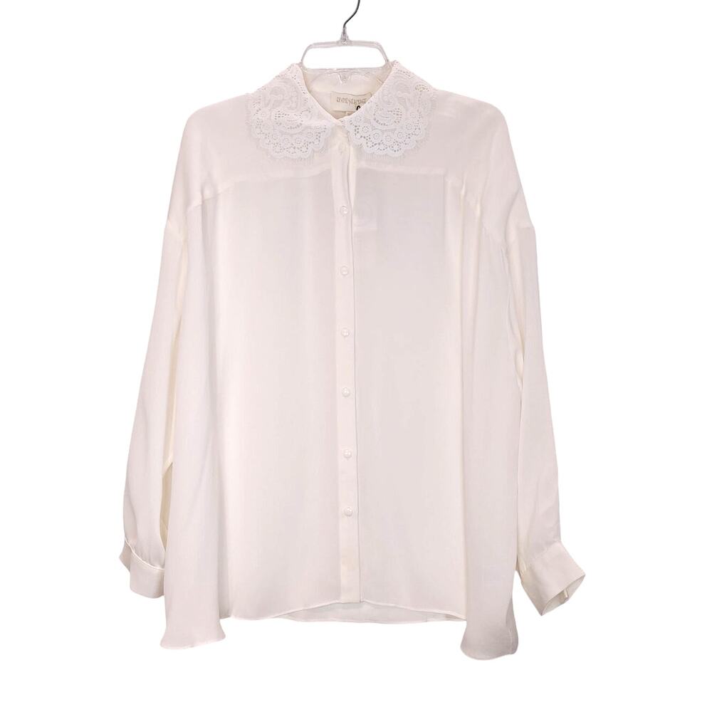 Divine Heritage Pure Silk Blouse Lace Collar Button Down Ivory Womens Size M NWT